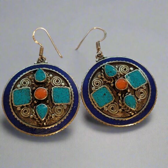 Vintage Southwestern Style Dangle Earrings Silver Tone Turquoise & Coral Inlay - Picture 1 of 5